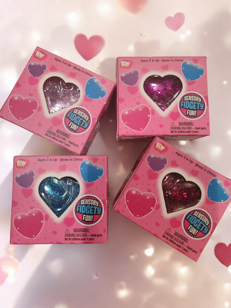 Four Valentines Squeezy Sparkle Sugar Hearts Fidget Toys (non-edible)