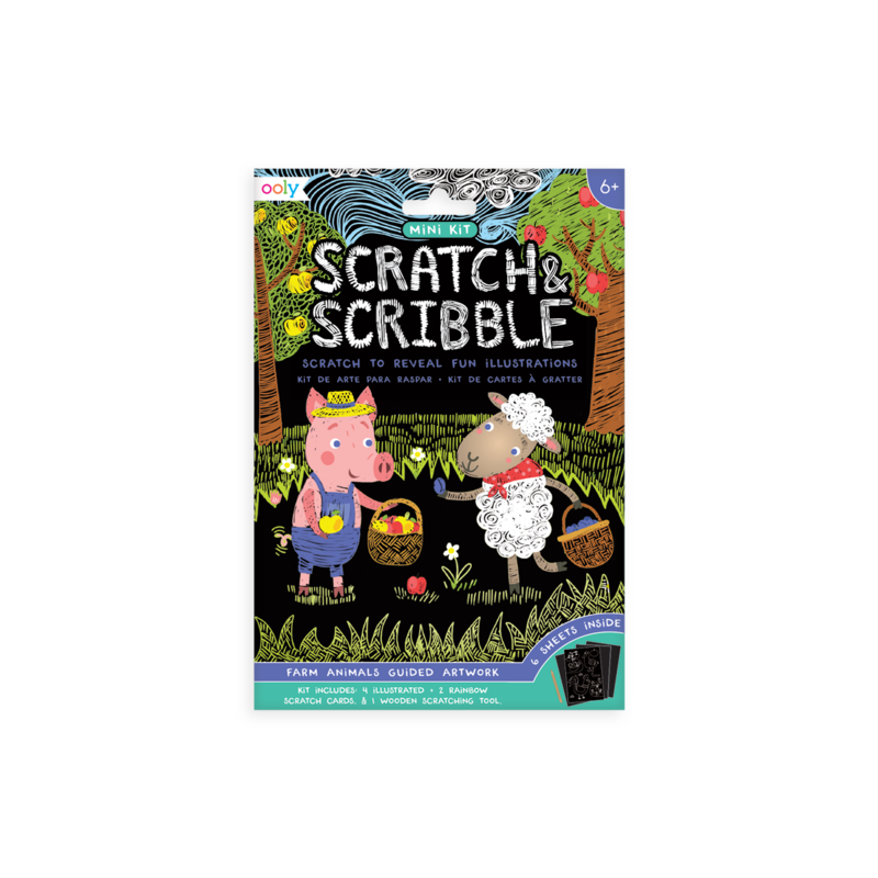 Mini Scratch & Scribble Art Kit: Farm Animals -  7 Piece Set