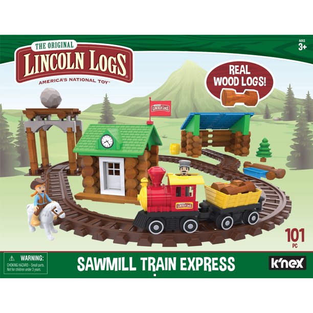 LINCOLN LOGS Sawmill Express Train - Real Wood Logs - Buildable Train Track - 101 pcs